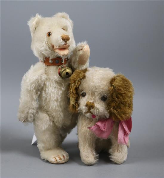 The childhood toys of Erika Maria. Teddy baby in good condition, button label on collar, circa 1930, H.9in. Schuco yes/no dog